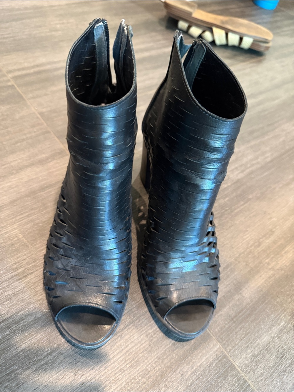 Black Woven Peep-Toe Booties - Leather made in Italy!